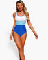 Beach Rose Co. one-piece swimsuit featuring a white, light blue, and royal blue color block design with a U-neckline.