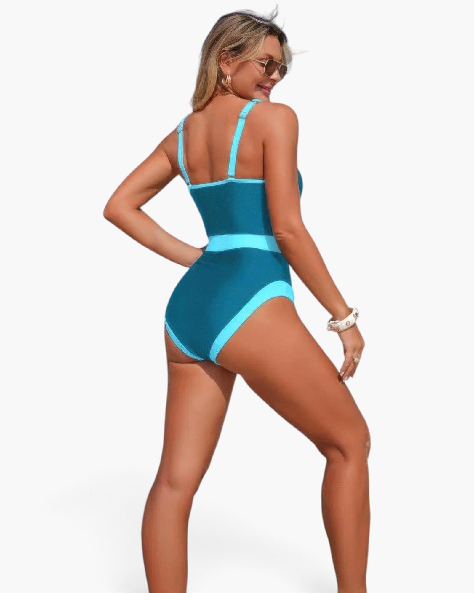 Beach Rose Co. one-piece swimsuit in teal and light blue color block with a waist-defining belt and metal buckle.