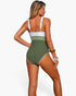 Beach Rose Co. one-piece swimsuit with a green and white color block design, U-neck, and scalloped trim details.