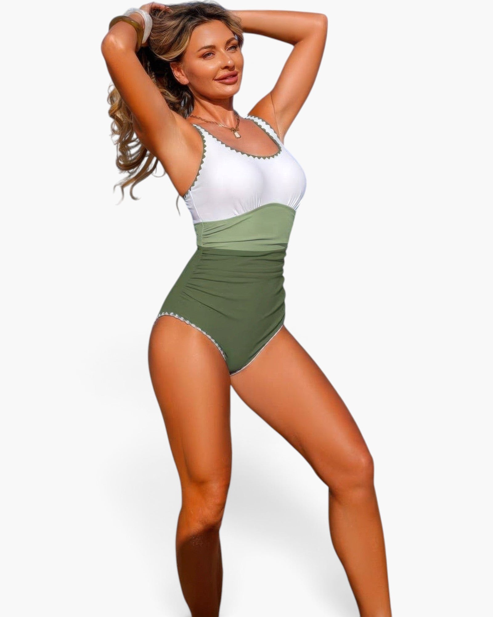 Beach Rose Co. one-piece swimsuit with white and olive green color block design, U-neckline, and scalloped trim.