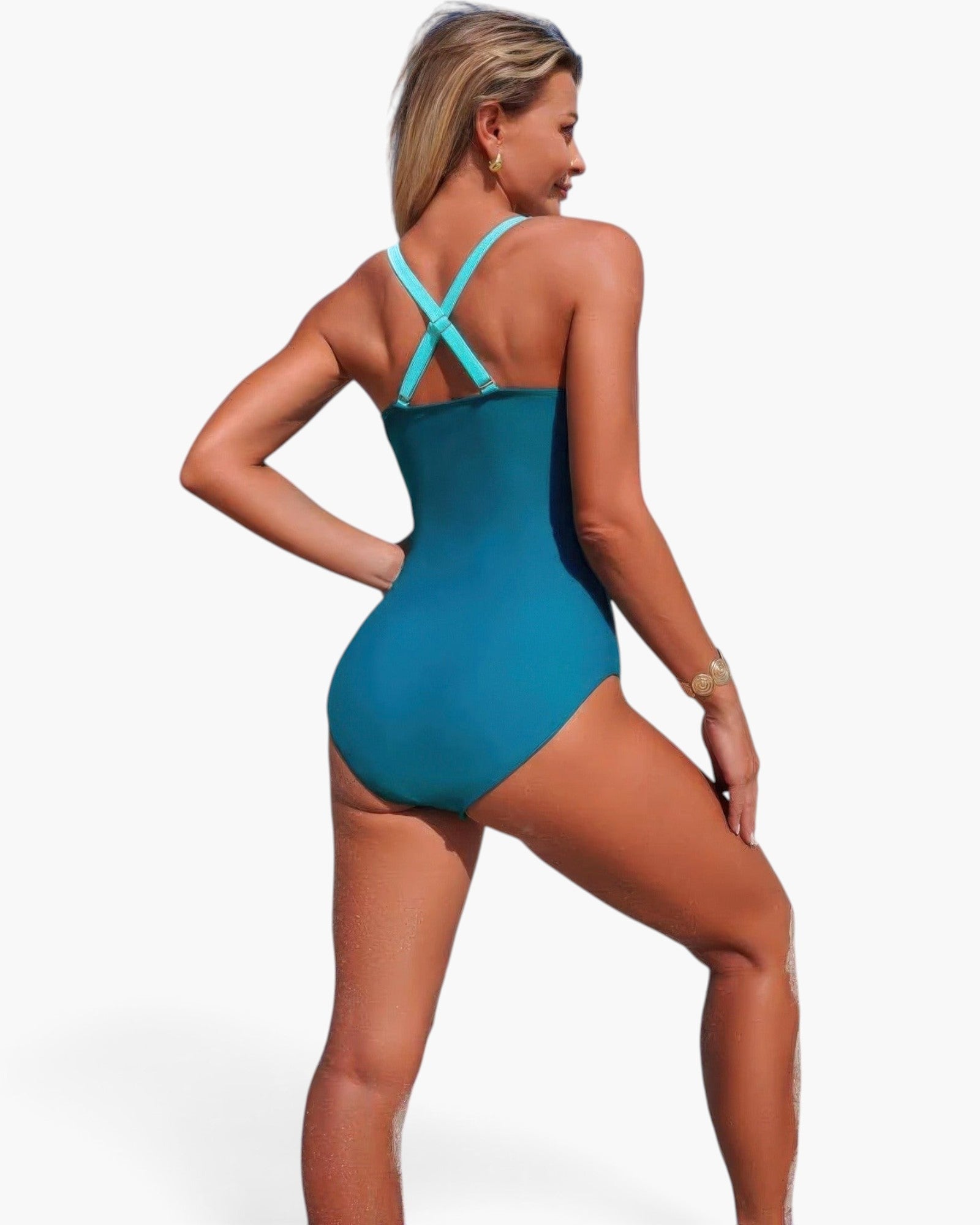 Beach Rose Co. one-piece color block swimsuit with teal body and light blue crisscross straps on a blonde model