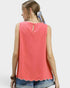 Beach Rose Co. coral linen-cotton blend tank top with white floral embroidery and scalloped hem. Sleeveless with back keyhole.
