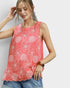 Beach Rose Co. coral linen-cotton blend tank top with white floral embroidery and scalloped hem.