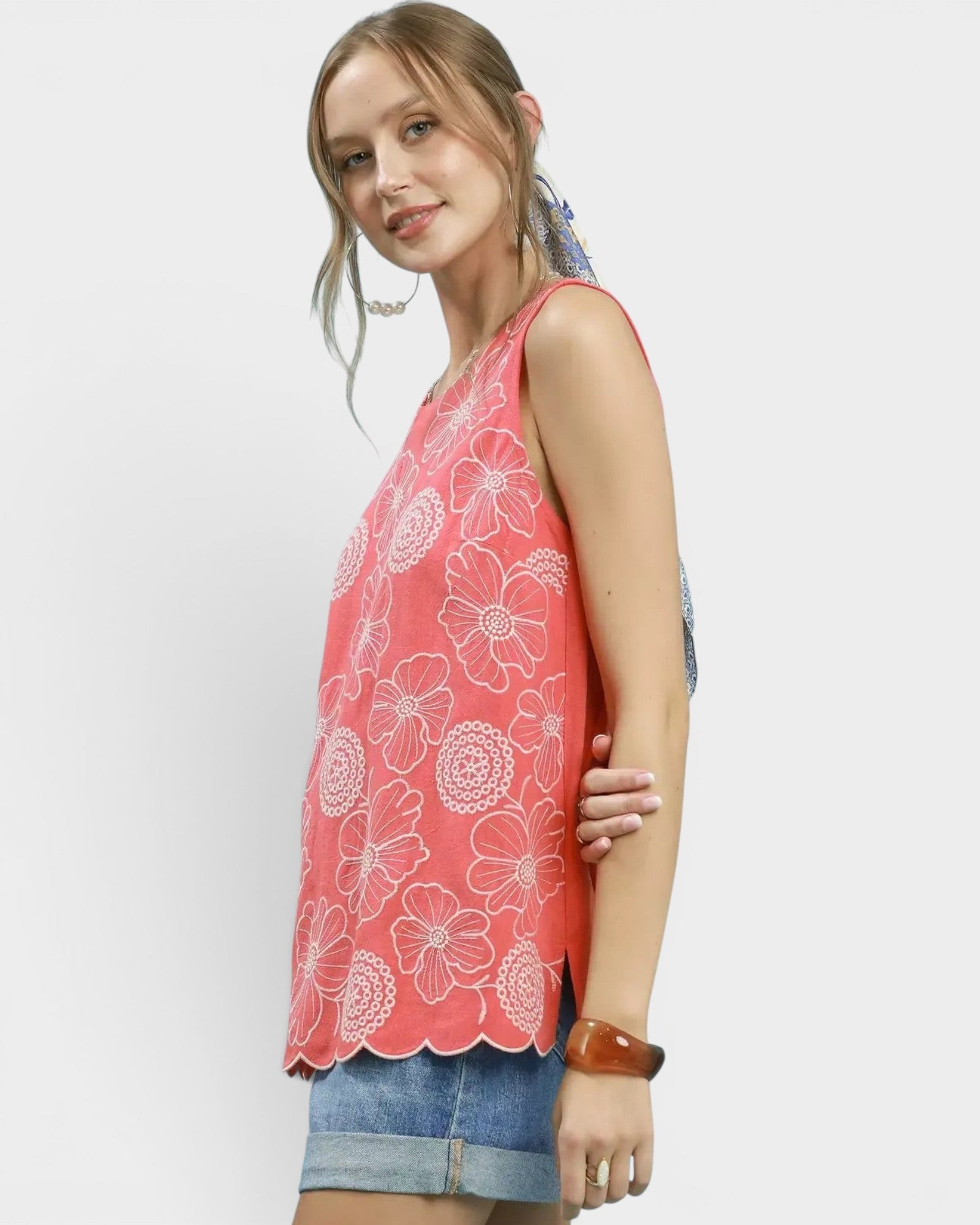 Beach Rose Co. coral linen-cotton blend tank top with white floral embroidery and scalloped hem. Sleeveless, round neck, back keyhole.