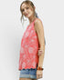 Beach Rose Co. coral linen-cotton blend tank top with white floral embroidery and scalloped hem. Sleeveless, round neck, back keyhole.