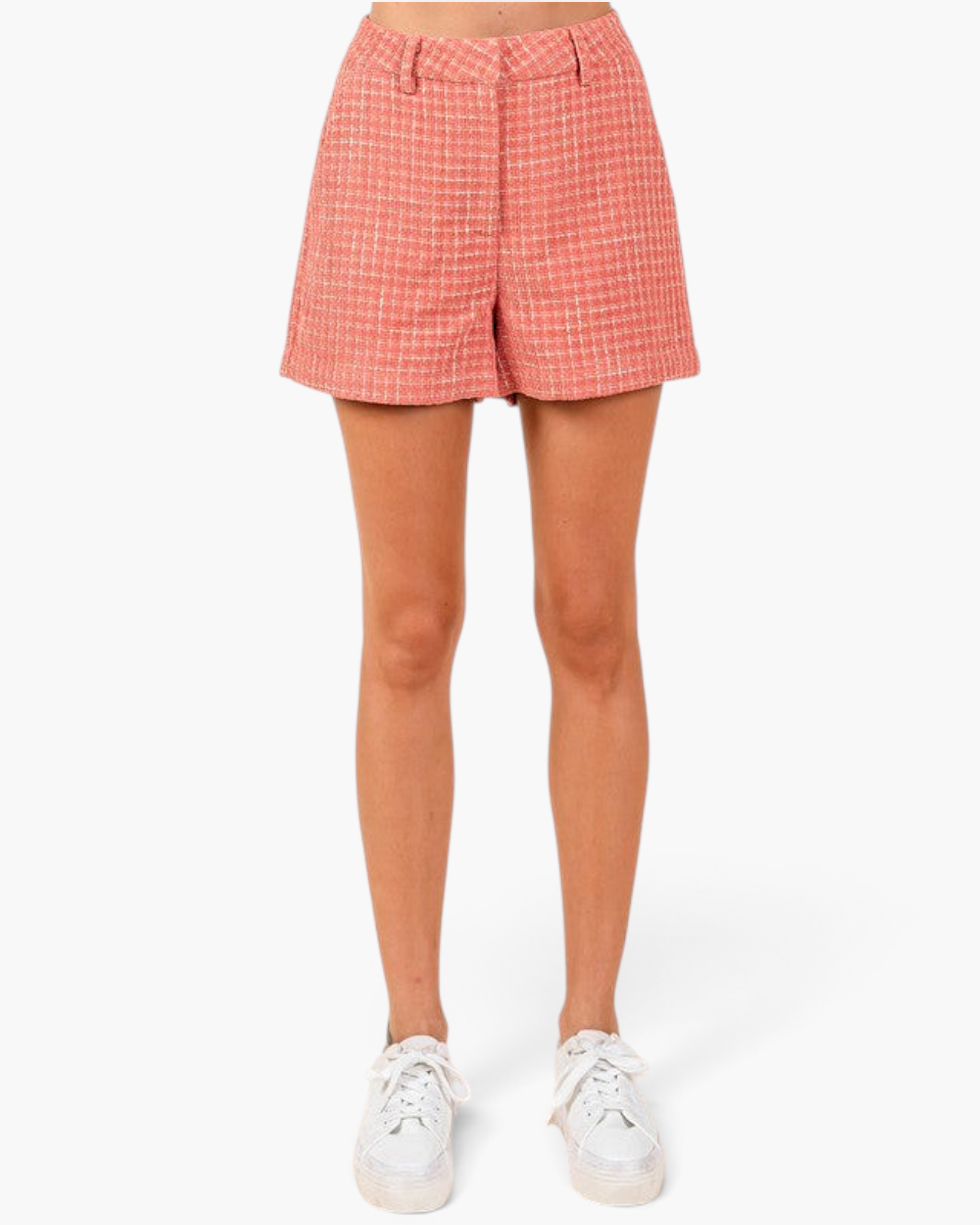 Beach Rose Co. coral high-waist shorts in textured woven fabric with belt loops and a tailored silhouette.