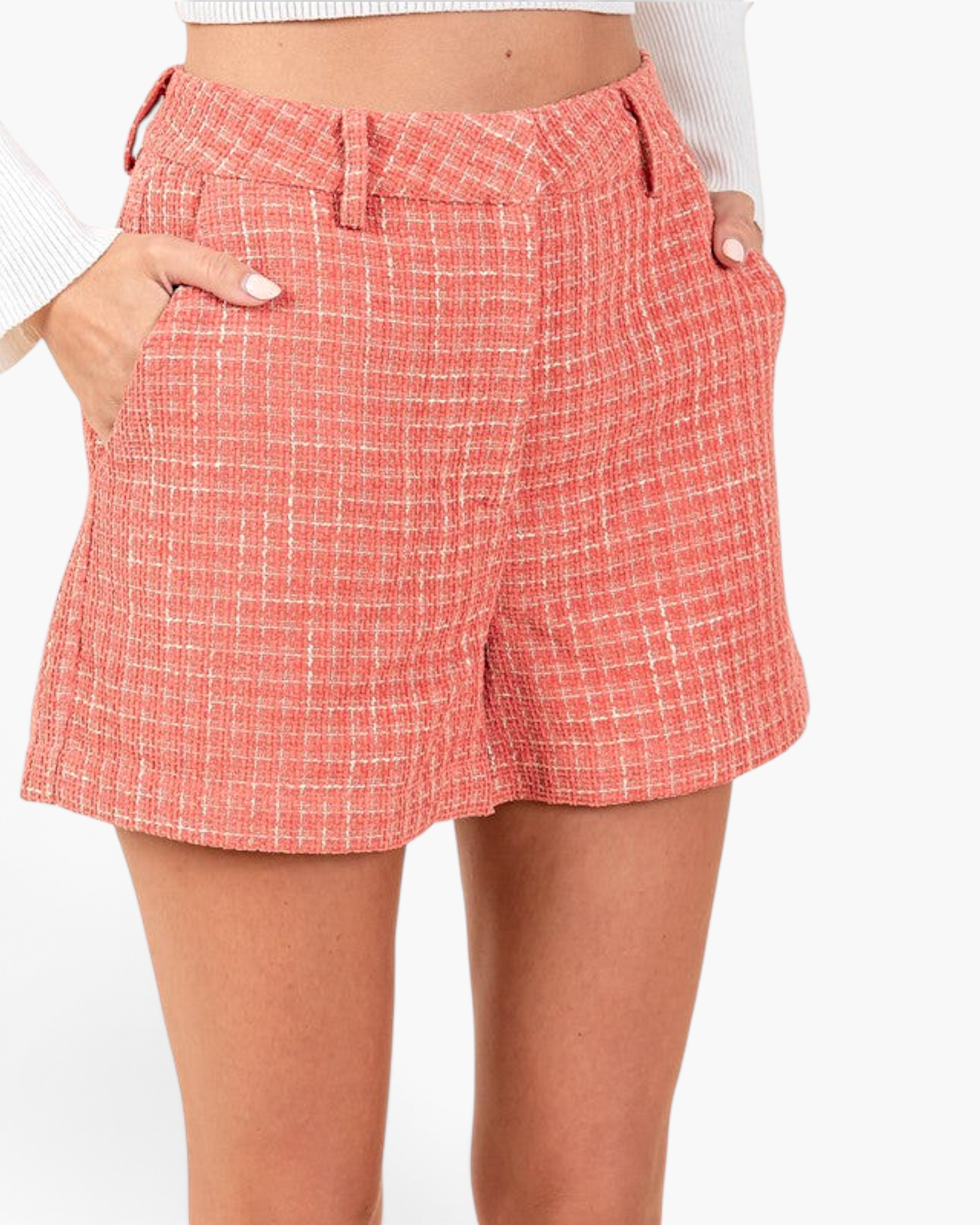 Beach Rose Co. coral high-waist shorts in textured woven fabric with belt loops and side pockets.