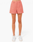 Beach Rose Co. coral high-waist shorts in textured woven fabric with belt loops and a tailored silhouette.