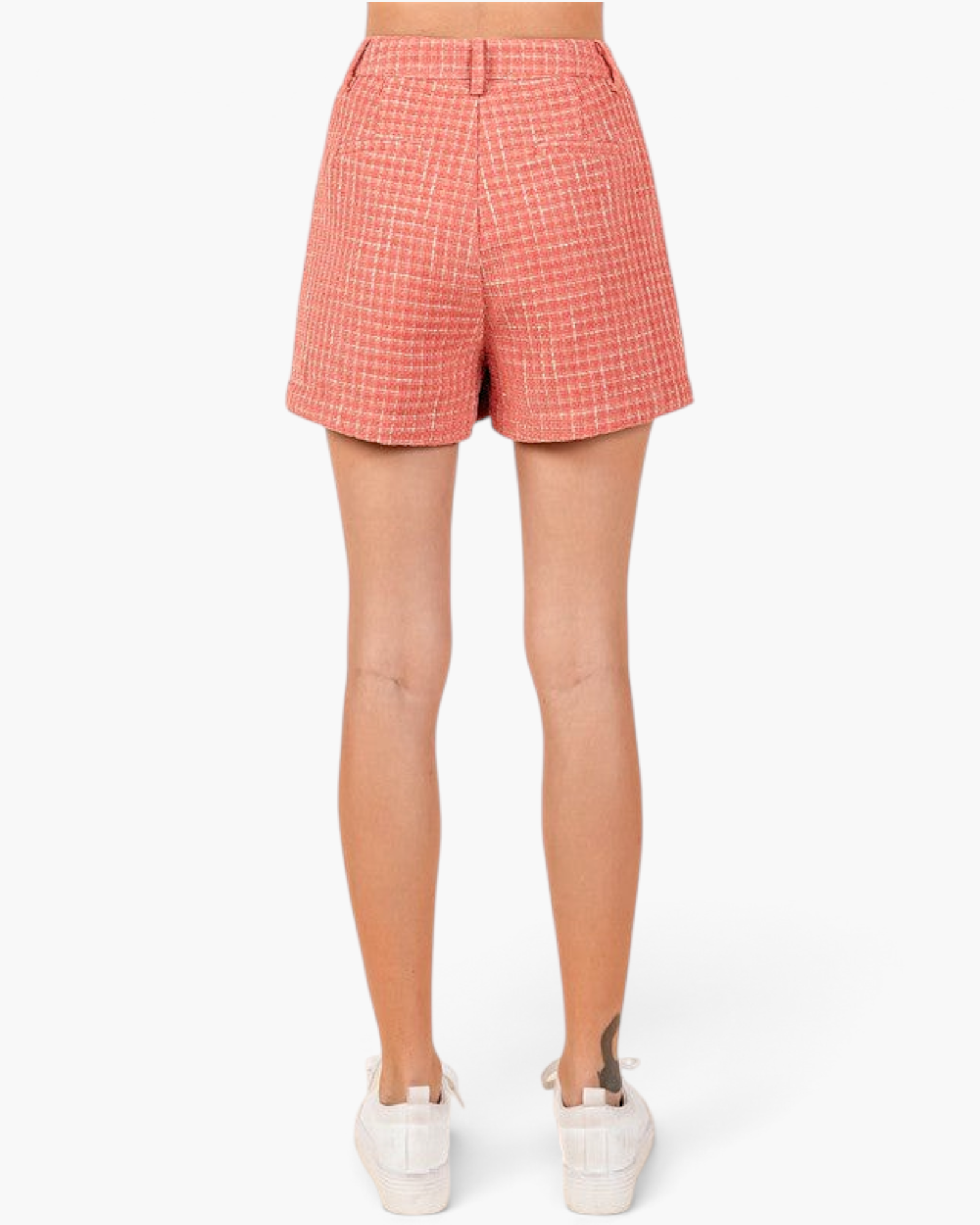 Beach Rose Co. coral high-waist shorts in textured woven fabric with a tailored fit, viewed from the back.
