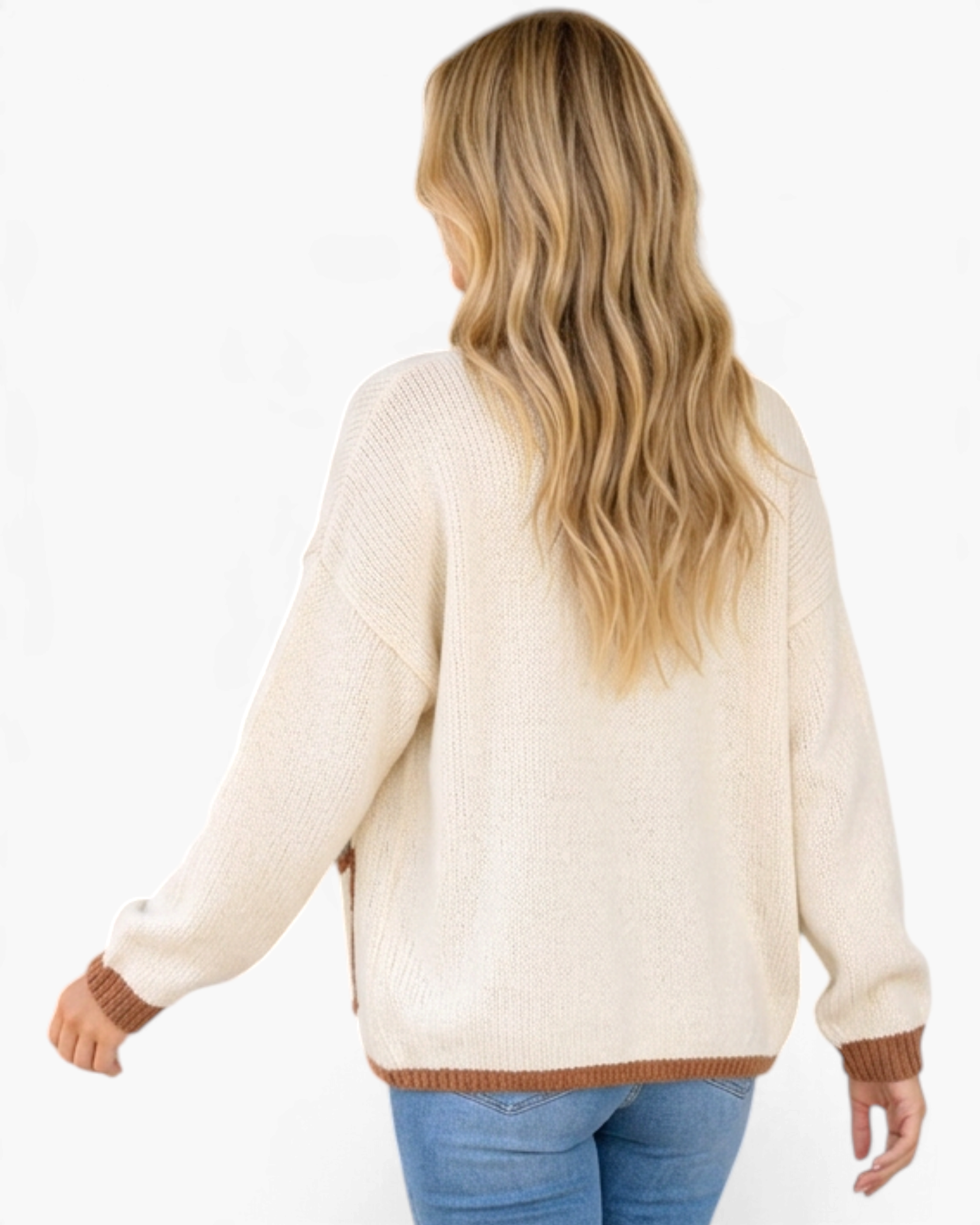 Beach Rose Co. cream knit cardigan with brown trim, dropped shoulders, and long sleeves, viewed from the back.
