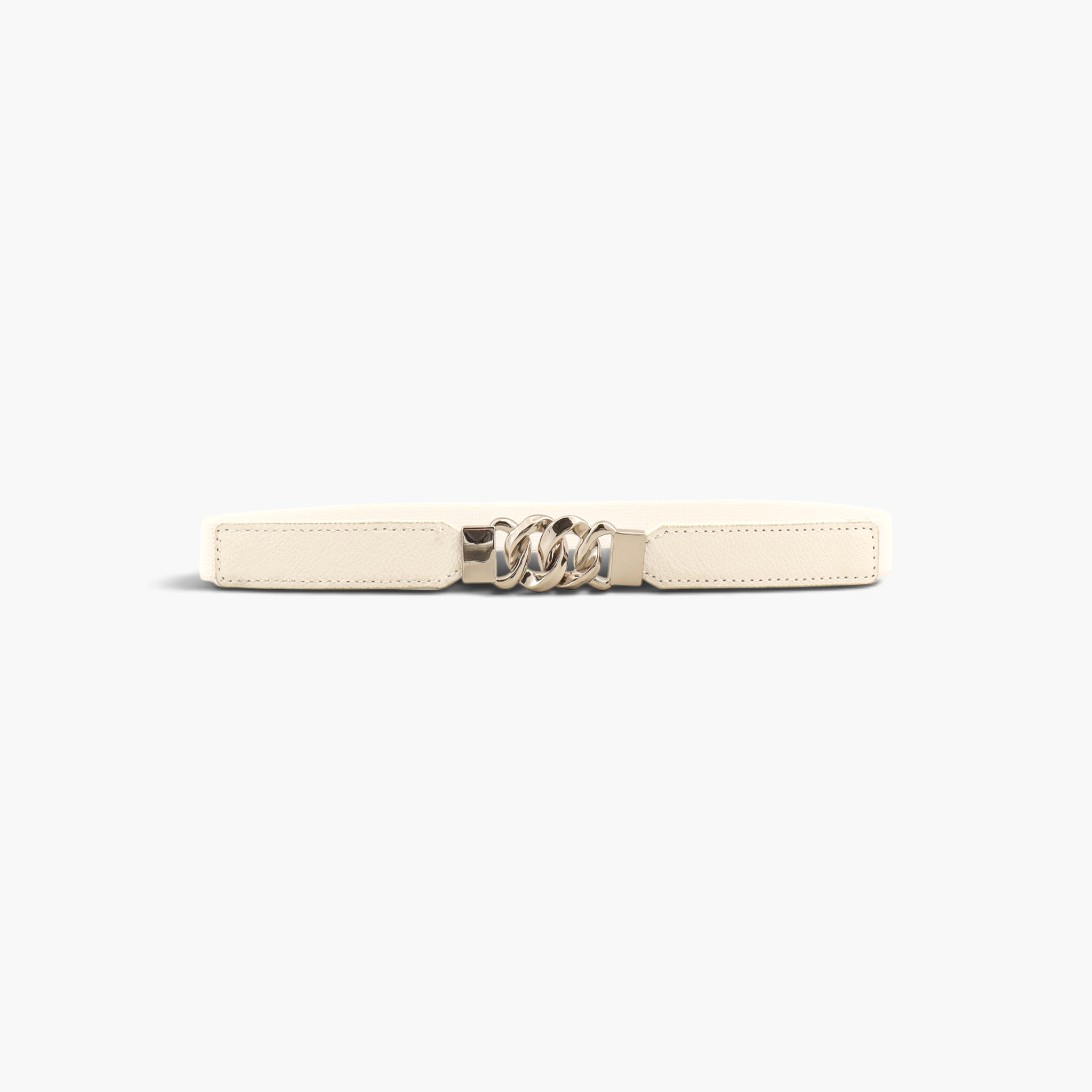 Beach Rose Co. slim cream stretch waist belt featuring a metallic chain-link buckle and stitched PU front panels.