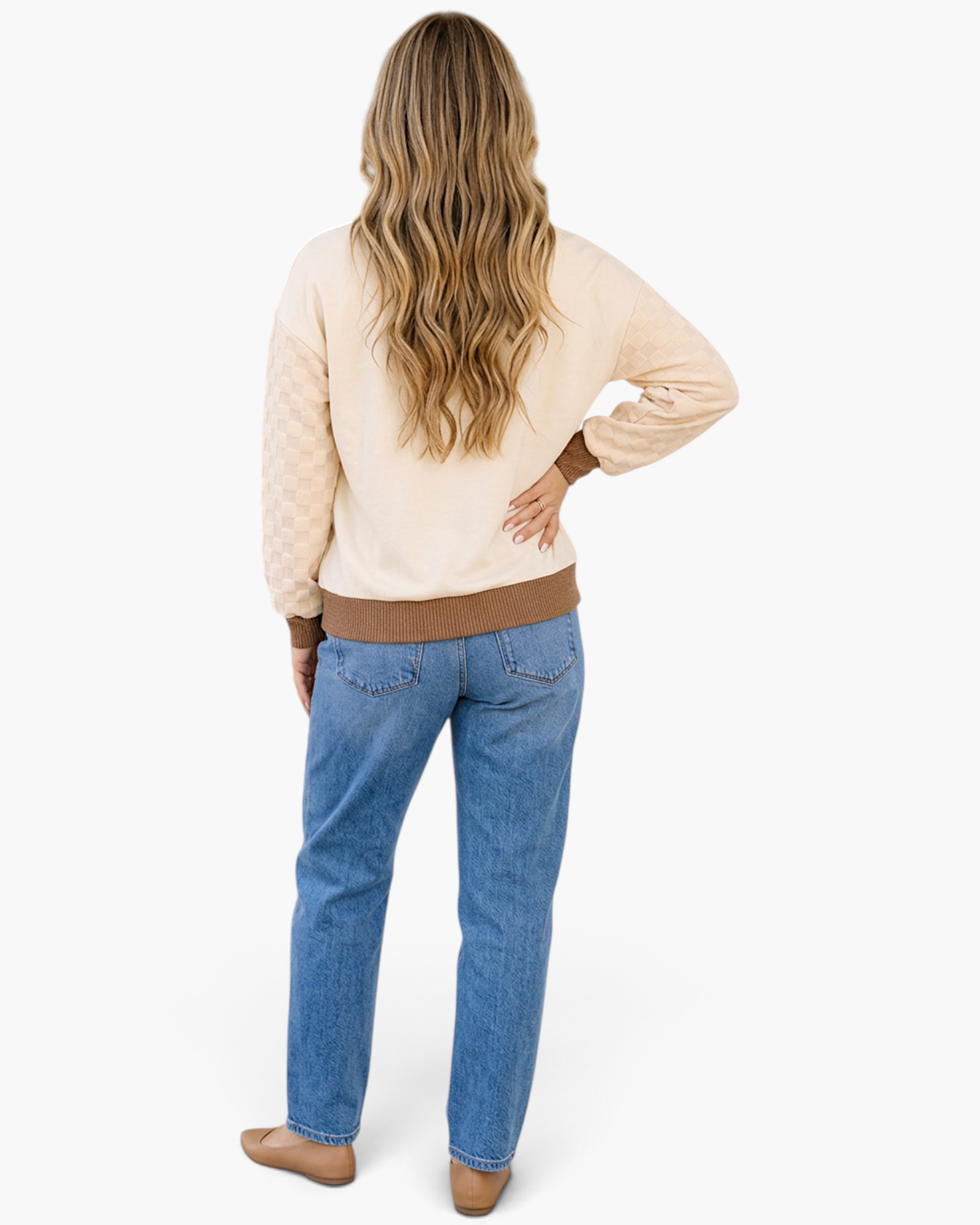 Beach Rose Co. cream sweatshirt with raised checkered texture, brown contrast trim, and dropped shoulders, back view.