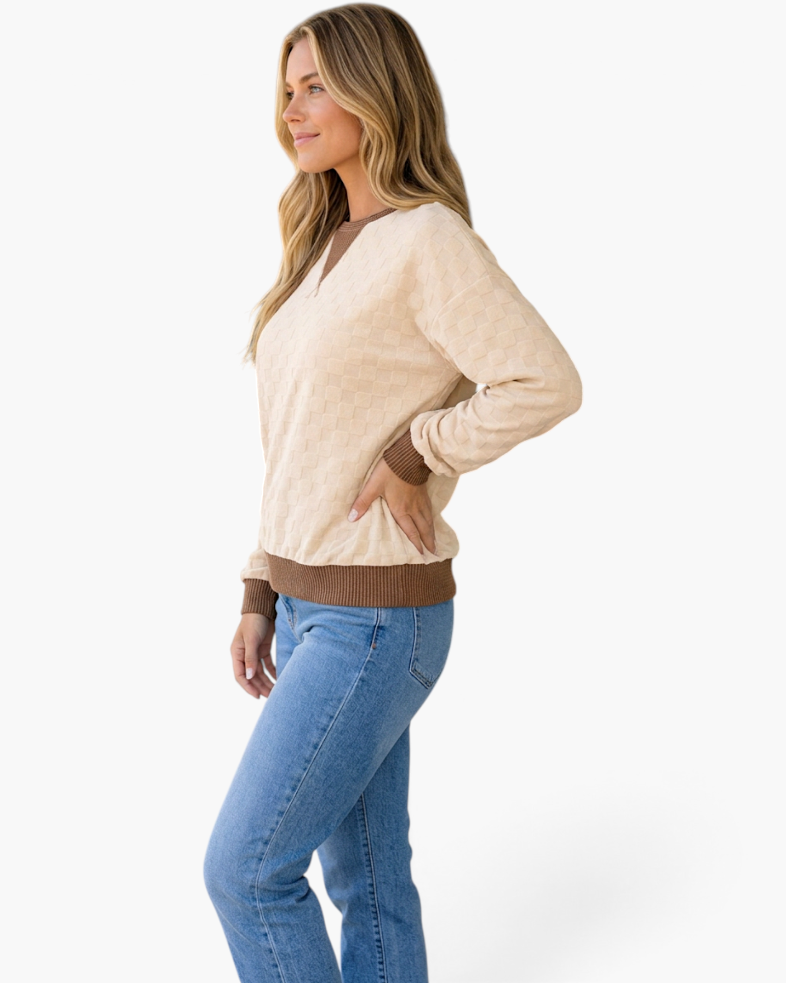 Beach Rose Co. cream sweatshirt with raised checkered texture and brown contrast trim worn by a blonde model