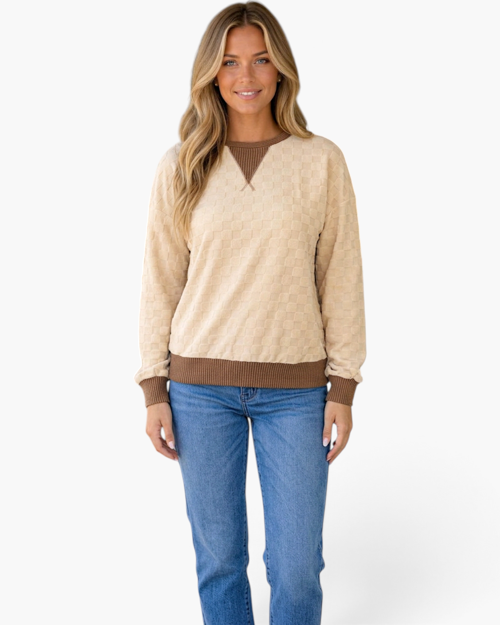 Beach Rose Co. cream sweatshirt with raised checkered texture, brown contrast trim, and triangle neckline detail.