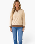 Beach Rose Co. cream sweatshirt with raised checkered texture, brown contrast trim, and triangle neckline detail.