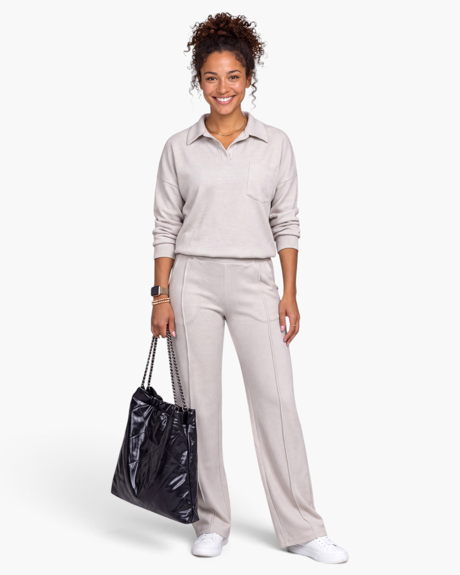 Beach Rose Co. cream two-piece set with a collared pullover and wide-leg pants in soft polyester knit.