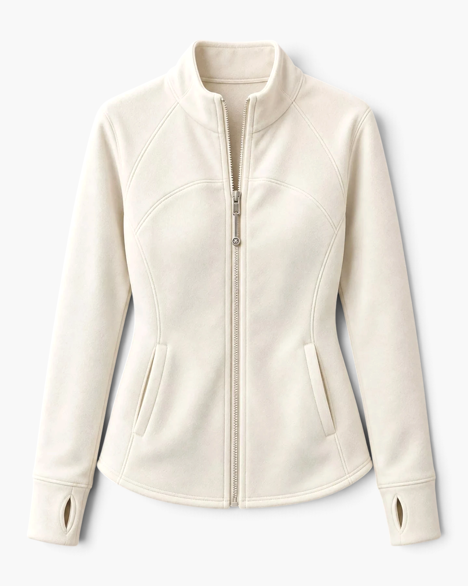 Beach Rose Co. cream polyester zip-up jacket with a stand collar, contoured seams, and thumbhole cuffs.