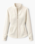 Beach Rose Co. cream polyester zip-up jacket with a stand collar, contoured seams, and thumbhole cuffs.