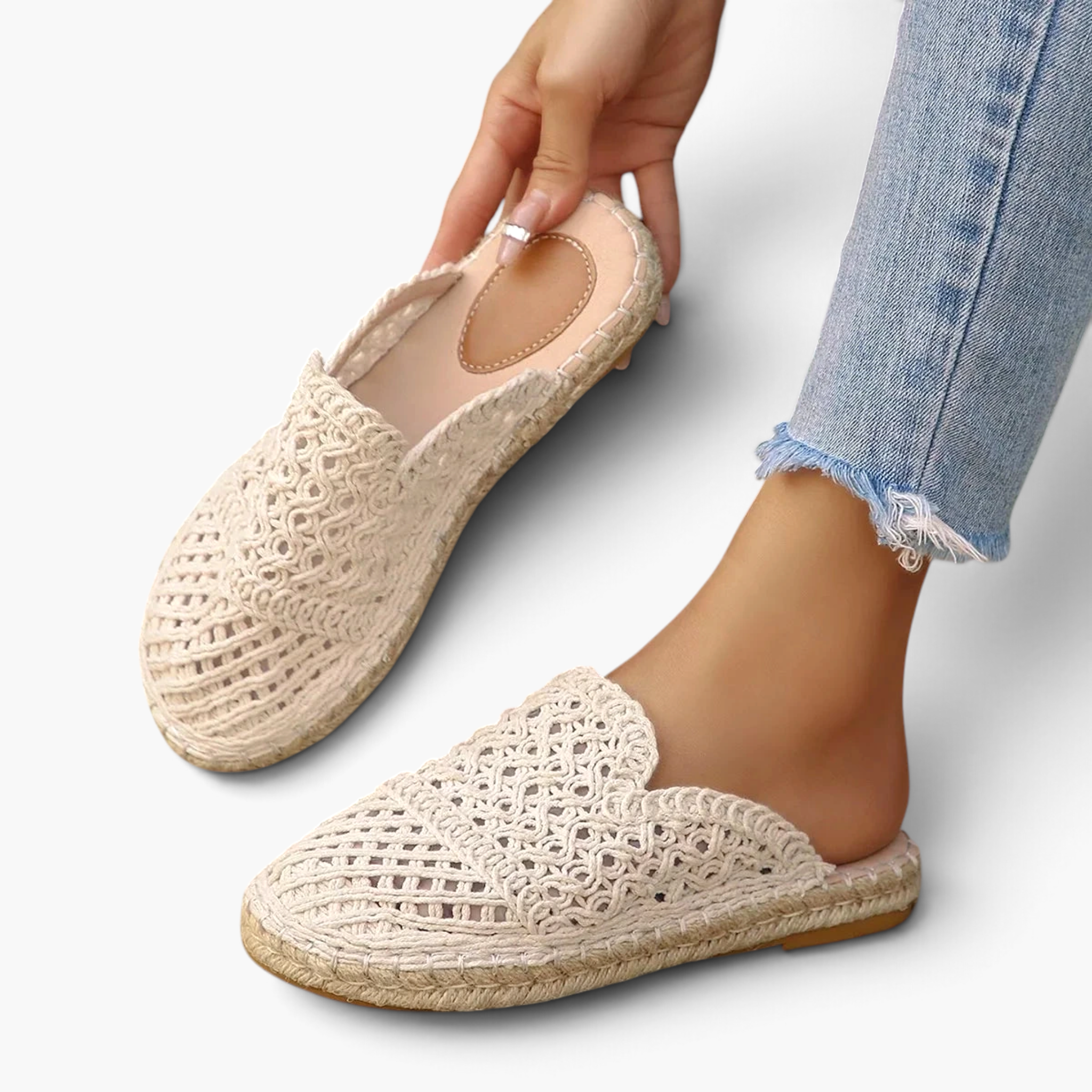 Beach Rose Co. beige crochet-style mesh espadrille mules with braided sole trim and slip-on design.