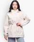 Beach Rose Co. cream hooded jacket with a drawstring waist, zip-front, and stand collar worn by a woman.