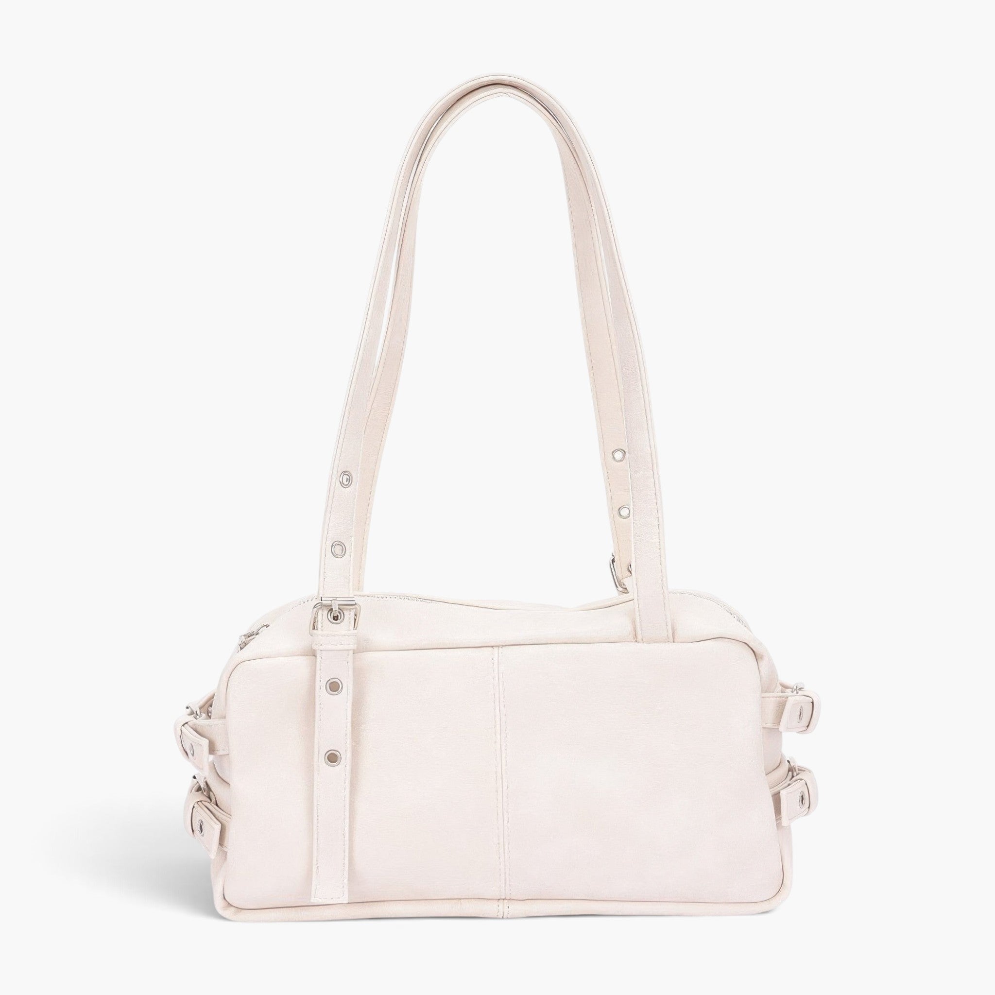 Beach Rose Co. cream faux leather sport bag with dual handles and silver metal hardware details.