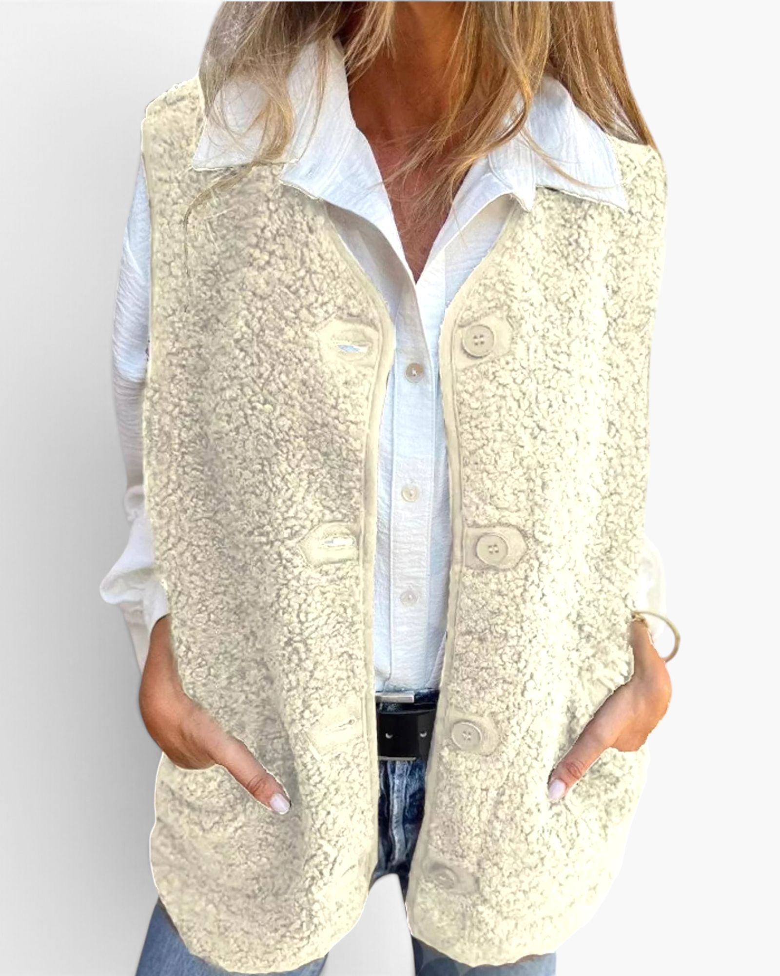 Beach Rose Co. cream polar fleece button-front vest with patch pockets worn over a white shirt and jeans