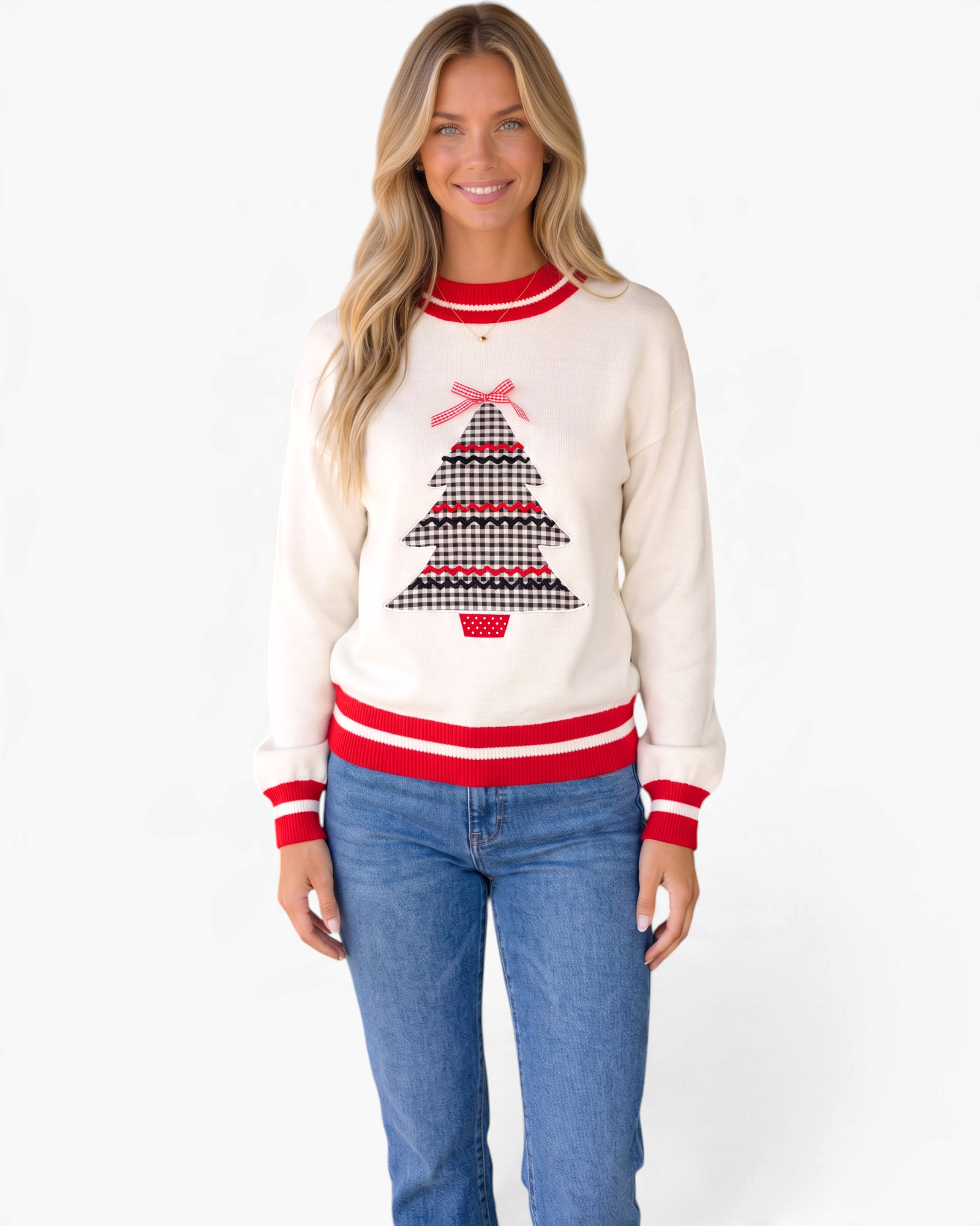 Beach Rose Co. cream sweater featuring a gingham Christmas tree appliqué, red bow, and red striped trim on a model.