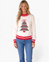 Beach Rose Co. cream sweater featuring a gingham Christmas tree appliqué, red bow, and red striped trim on a model.