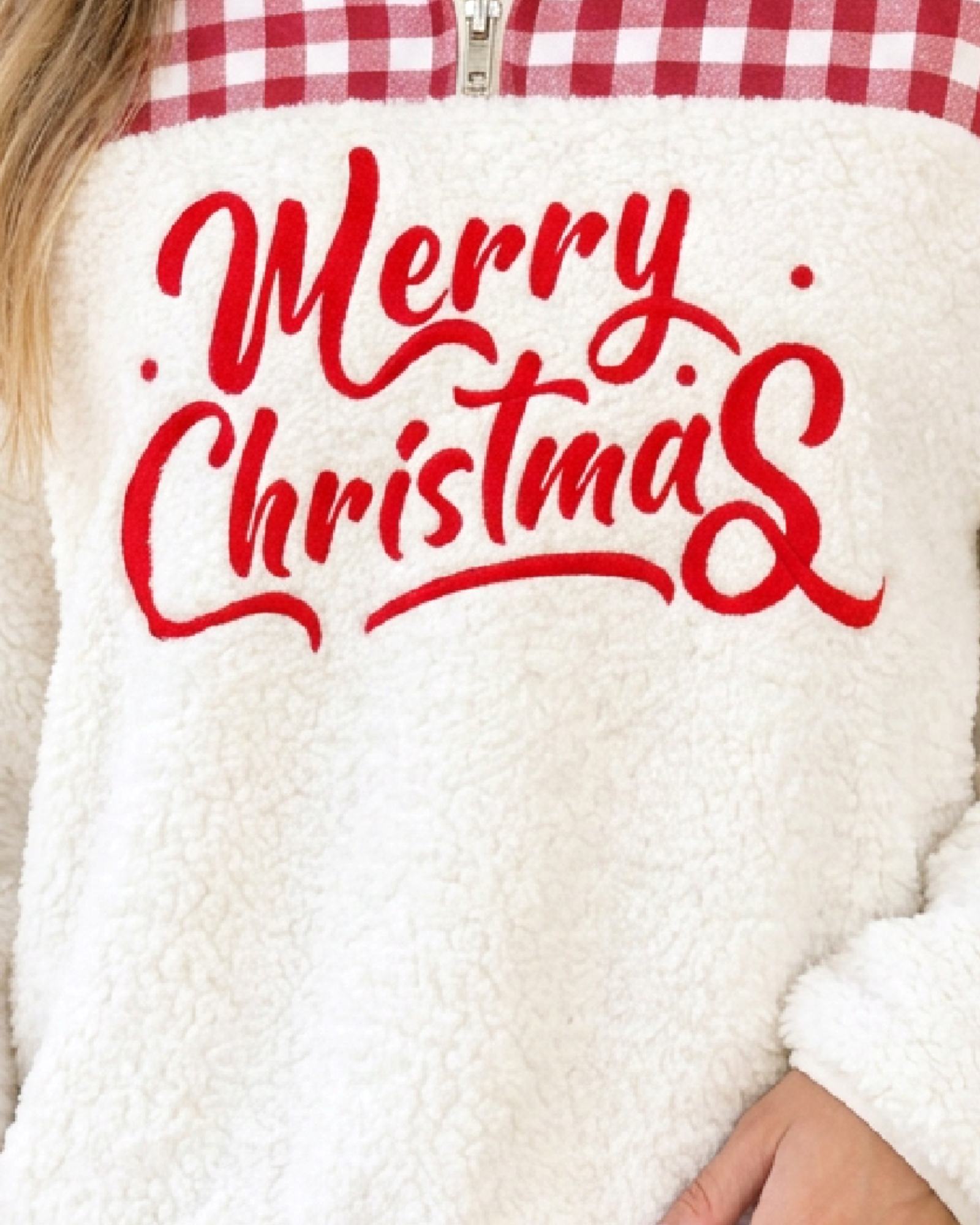 Beach Rose Co. cream sherpa pullover with red gingham trim and Merry Christmas lettering in a festive script font.
