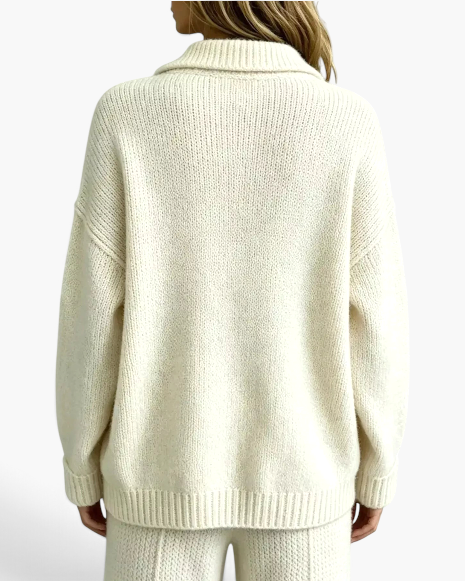 Beach Rose Co. cream textured knit sweater with a ribbed collar and relaxed fit, shown from the back.