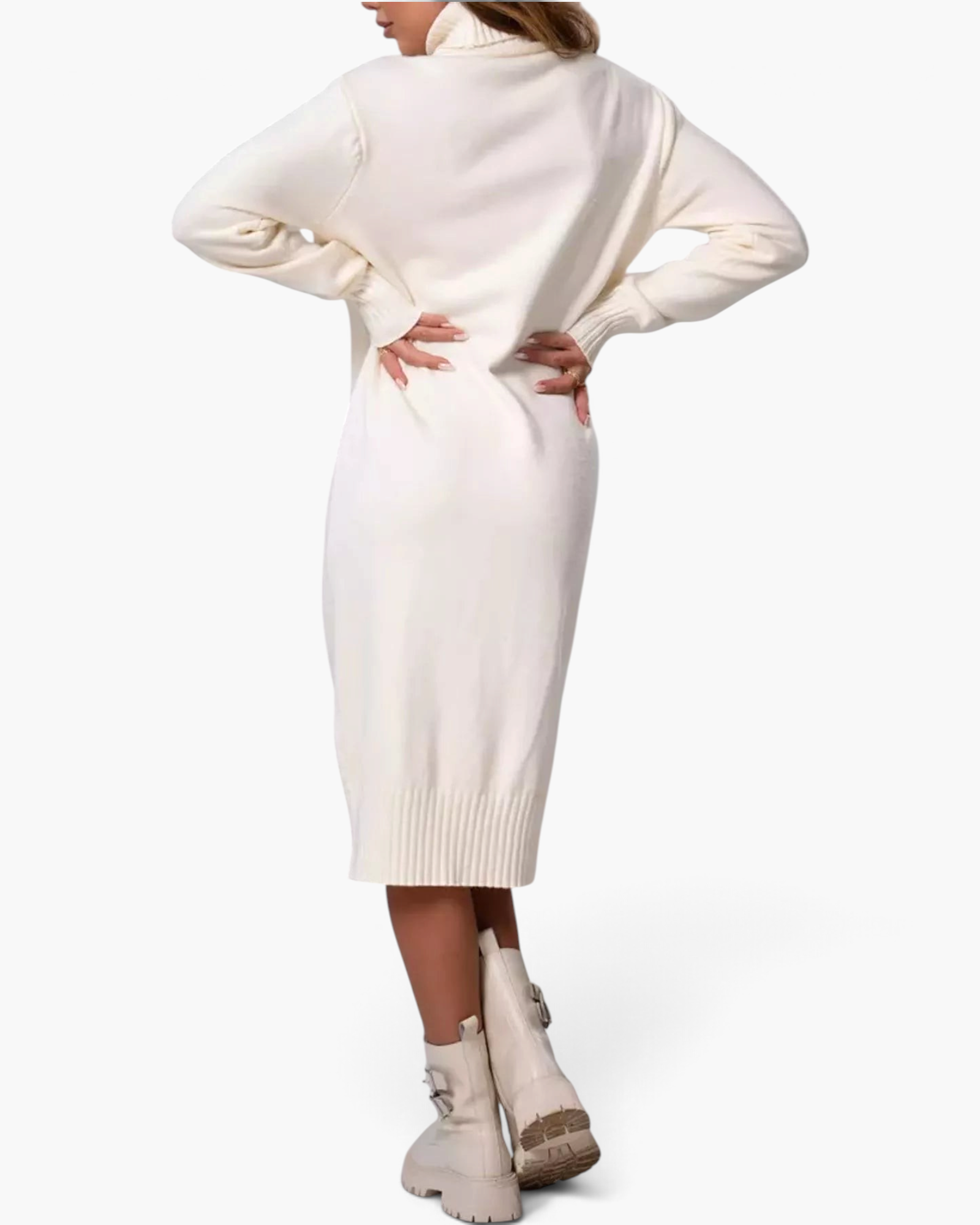 Beach Rose Co. cream midi sweater dress with a ribbed turtleneck and long sleeves, shown from the back.