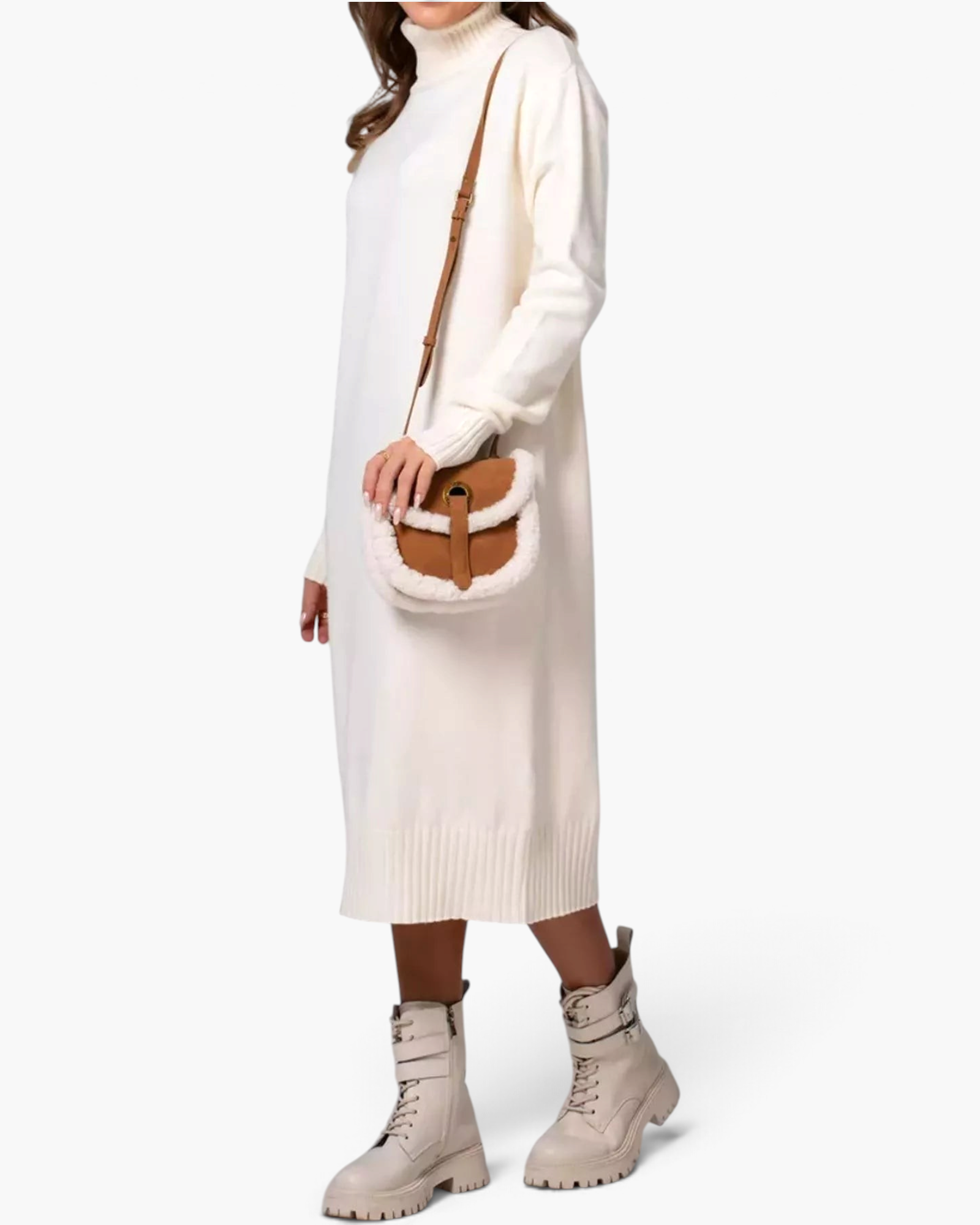 Beach Rose Co. cream midi sweater dress with a ribbed turtleneck, long sleeves, and a relaxed stretch knit fit.