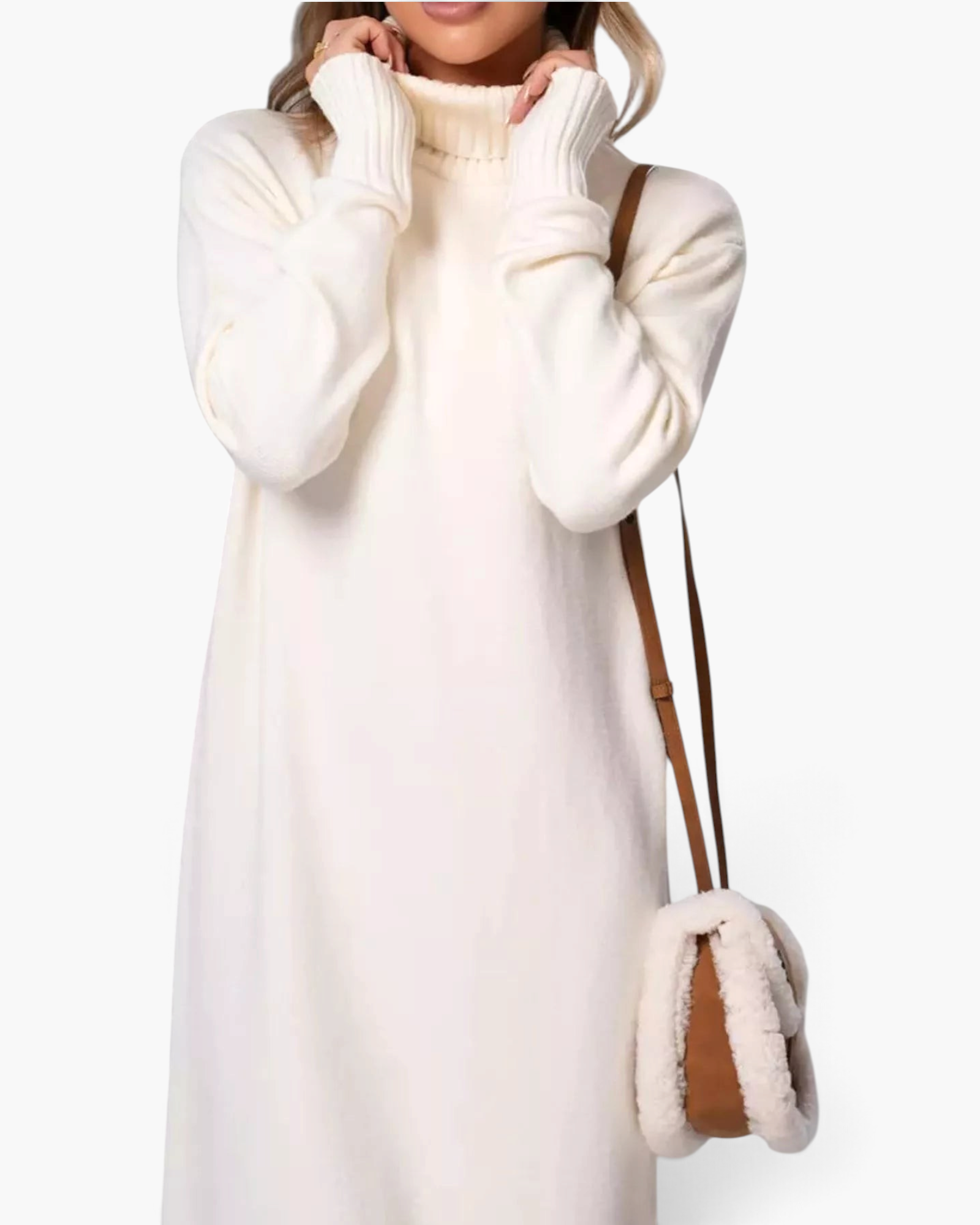 Beach Rose Co. cream midi sweater dress with a ribbed turtleneck, long sleeves, and a relaxed stretch knit fit.
