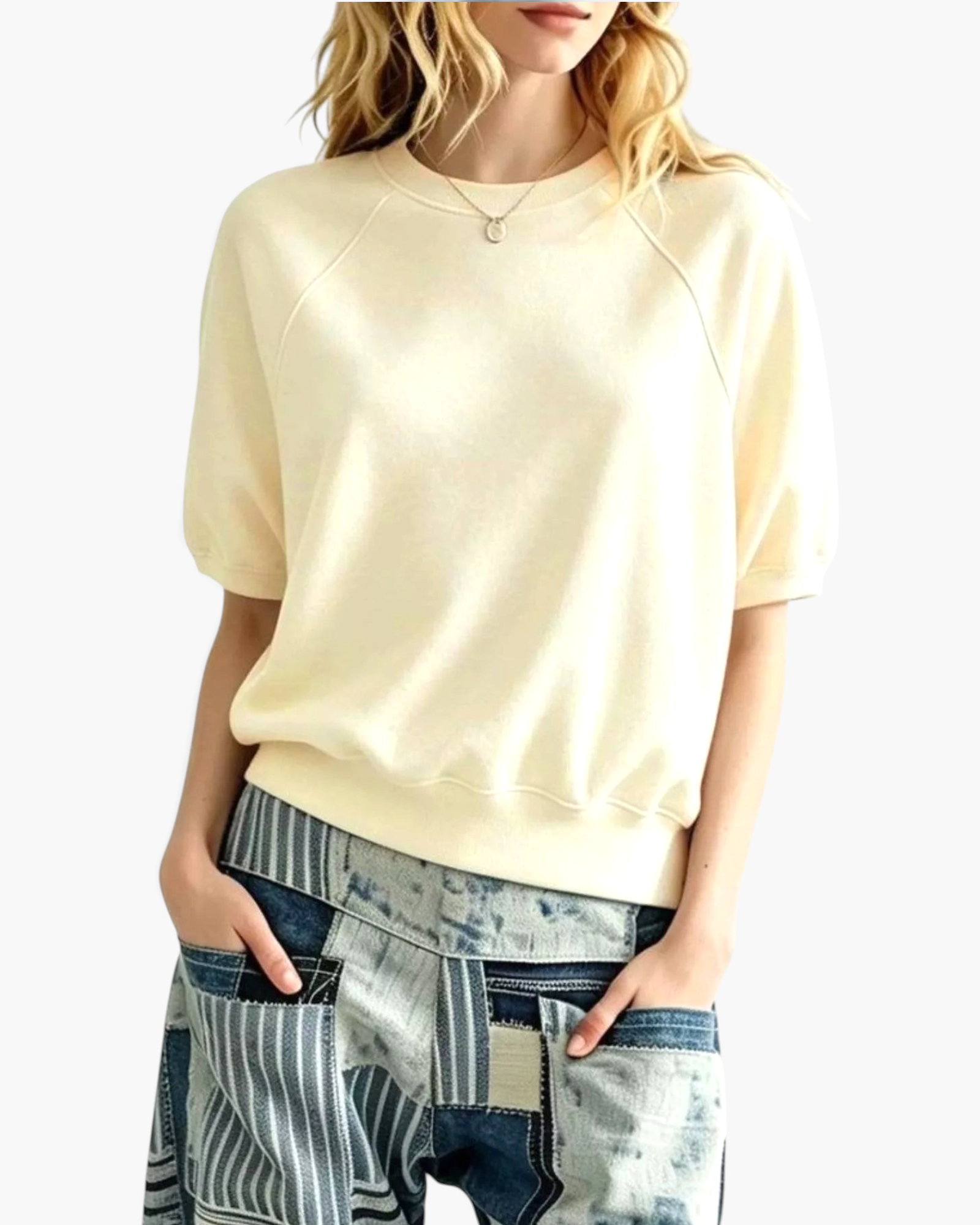 Beach Rose Co. cream polyester crewneck sweatshirt with elbow-length puff sleeves and raglan seams on a model