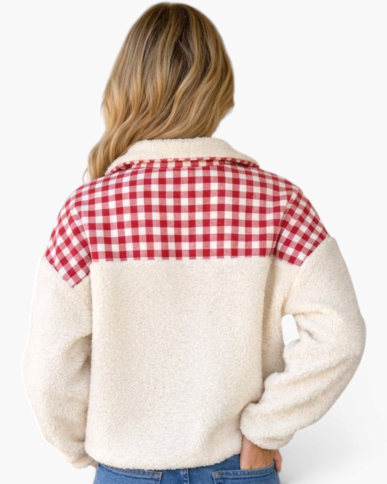 Back view of a Beach Rose Co. cream sherpa pullover featuring red gingham shoulder panels and a stand collar.