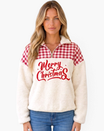 Beach Rose Co. cream sherpa pullover with red gingham shoulders and Merry Christmas lettering, featuring a half-zip.
