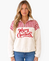 Beach Rose Co. cream sherpa pullover with red gingham shoulders and Merry Christmas lettering, featuring a half-zip.