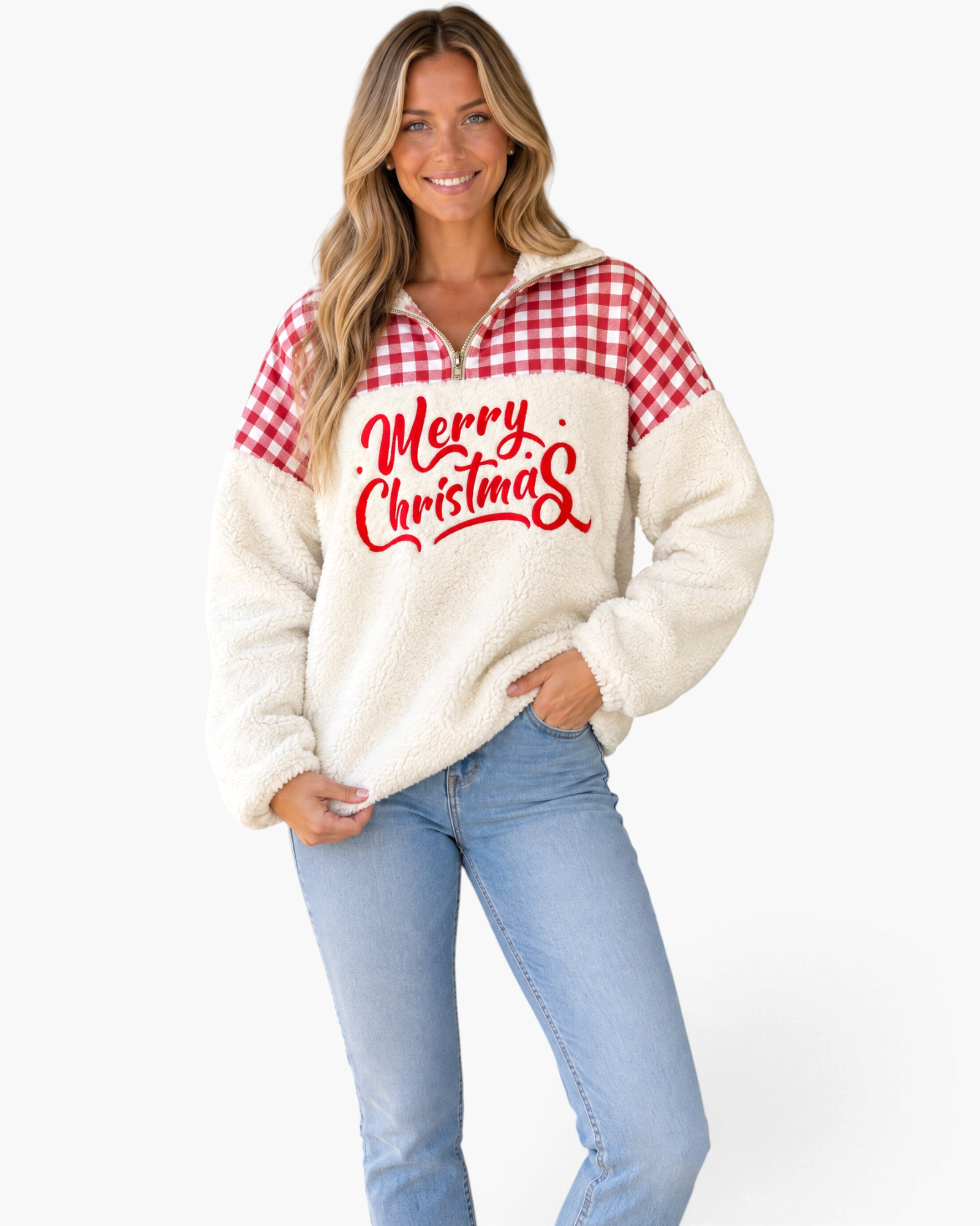 Beach Rose Co. cream sherpa pullover with red gingham shoulders and Merry Christmas lettering, featuring a half-zip.