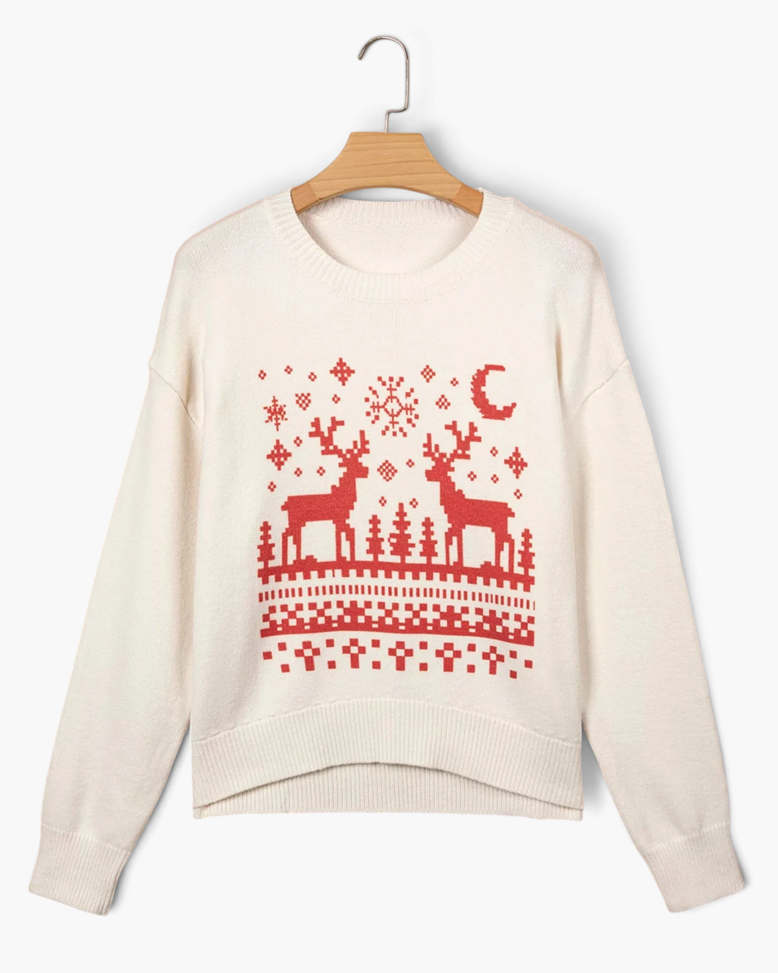 Beach Rose Co. cream knit sweater featuring a red reindeer, tree, and snowflake pattern with a crew neckline.