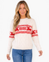 Beach Rose Co. cream cable knit sweater featuring red reindeer and snowflake patterns, worn by a blonde model.