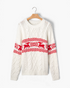 Beach Rose Co. cream cable knit sweater featuring red reindeer and snowflake holiday motifs on a wooden hanger.