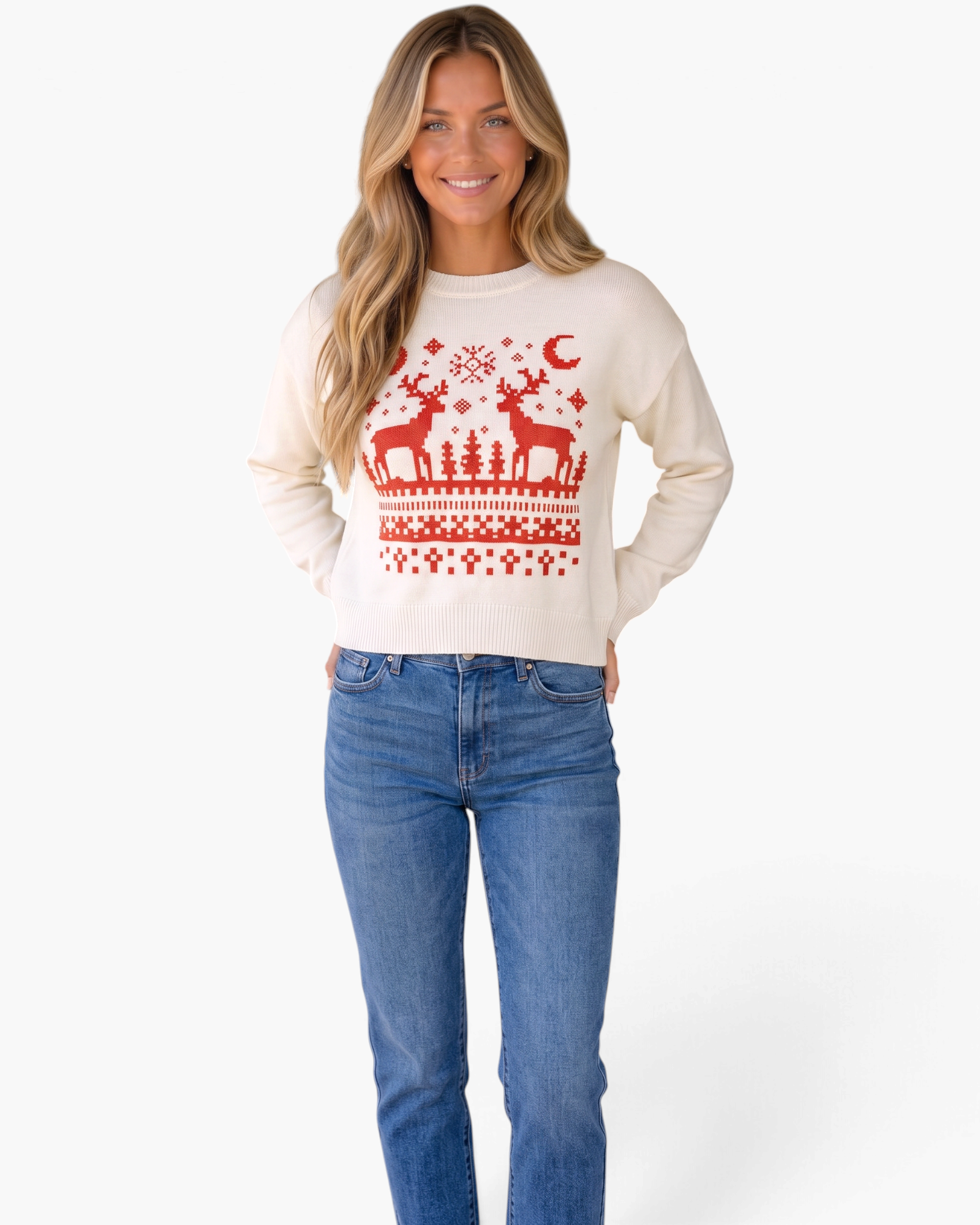 Beach Rose Co. cream crewneck sweater with red reindeer, tree, and snowflake knit pattern worn by a smiling model.