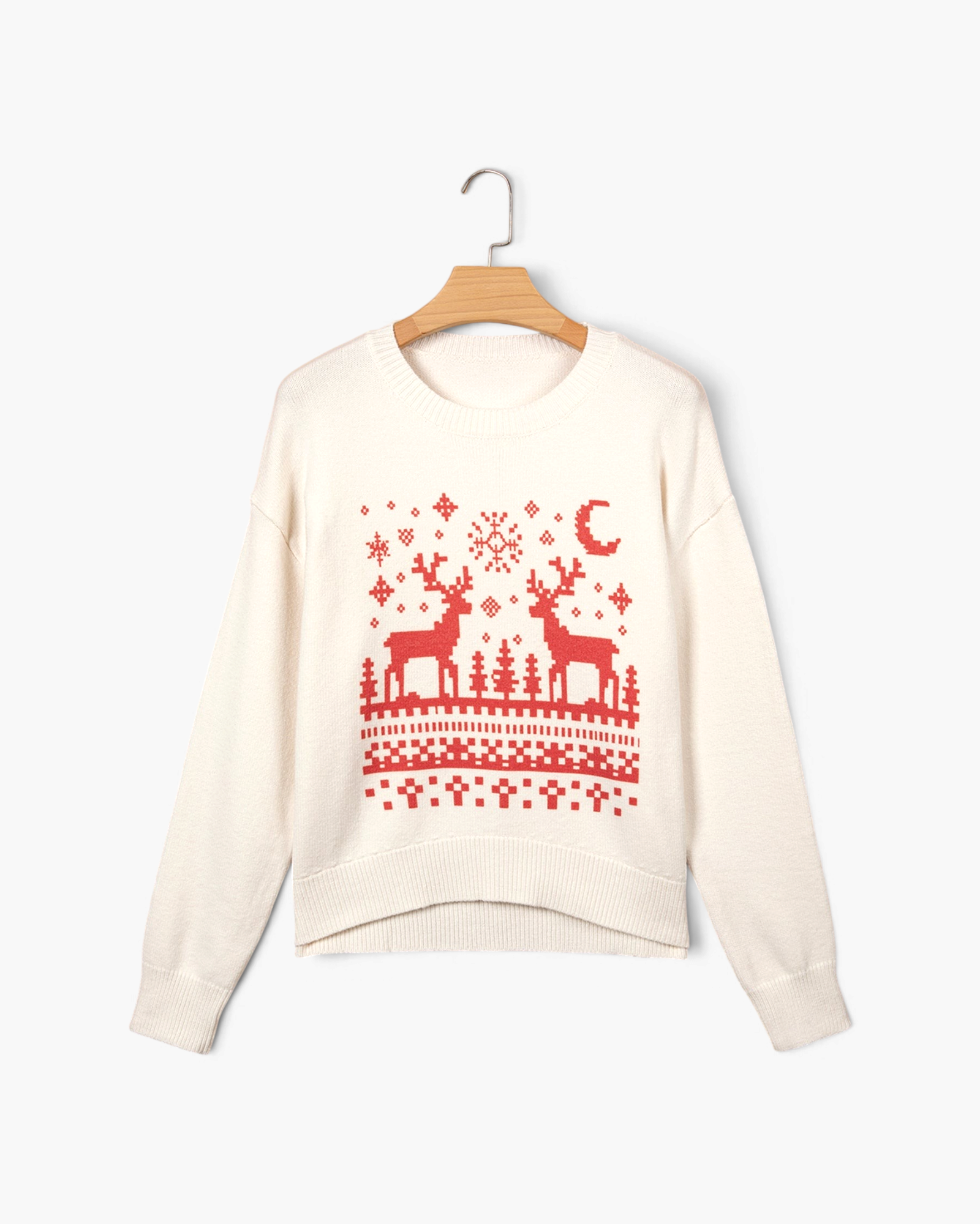 Beach Rose Co. cream crewneck sweater featuring a red reindeer, snowflake, and geometric knit pattern.