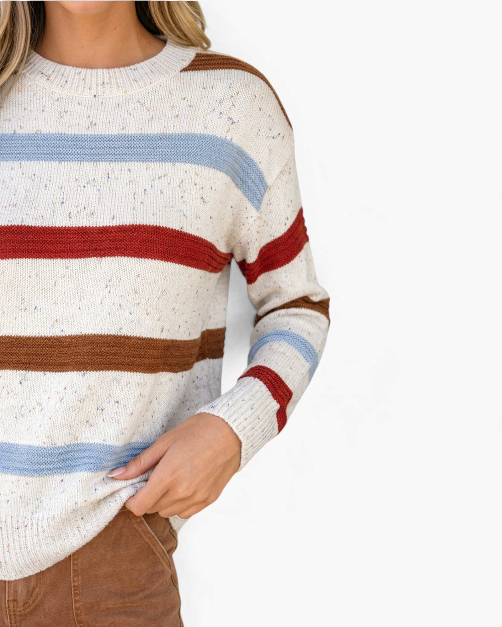 Beach Rose Co. cream knit sweater featuring multicolor striped texture, speckled details, and ribbed crew neckline.