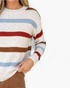 Beach Rose Co. cream knit sweater featuring multicolor striped texture, speckled details, and ribbed crew neckline.