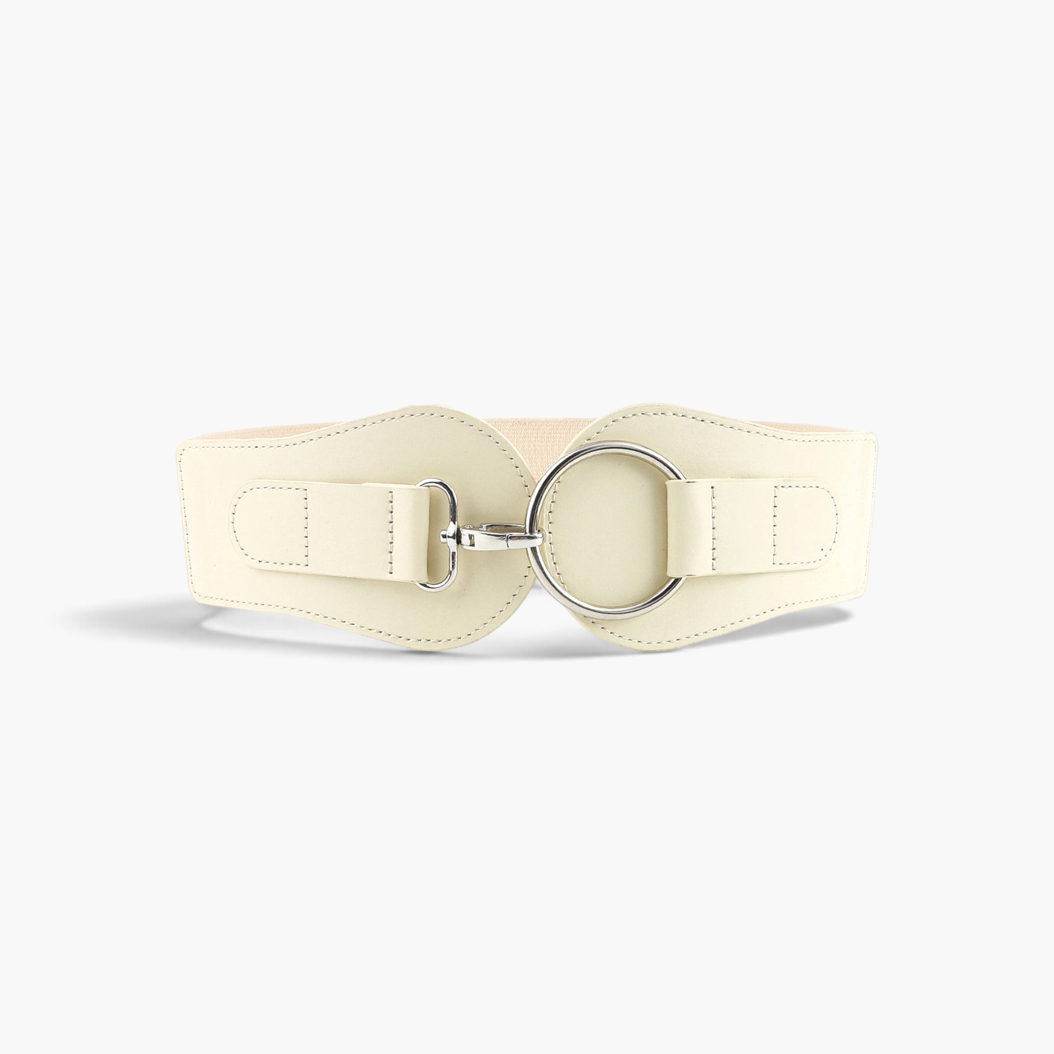 Beach Rose Co. cream wide stretch waist belt with contoured PU panels and a silver-tone ring buckle lobster clasp.