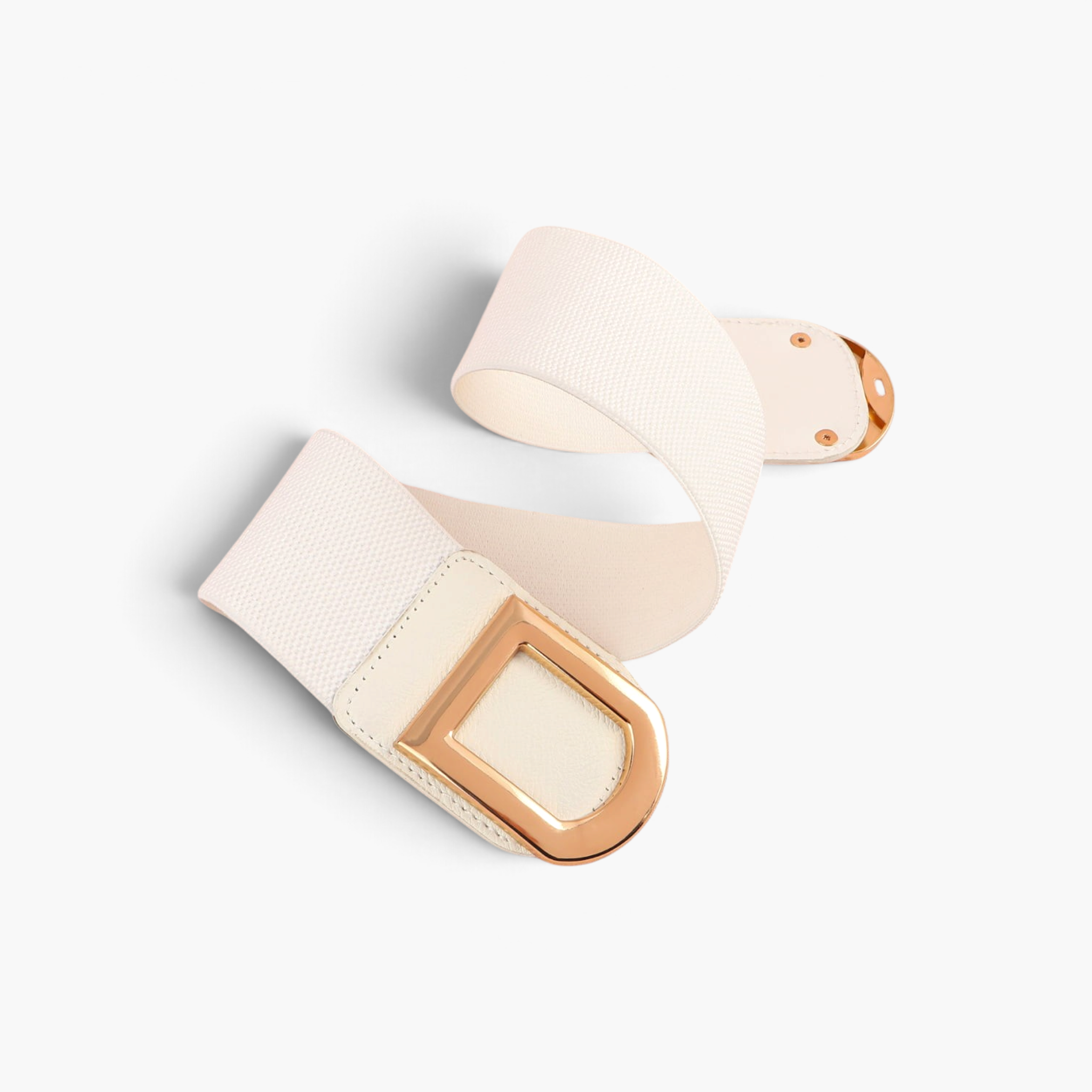 Beach Rose Co. wide cream stretch waist belt with a polished gold-tone double-D alloy buckle and PU front tabs.
