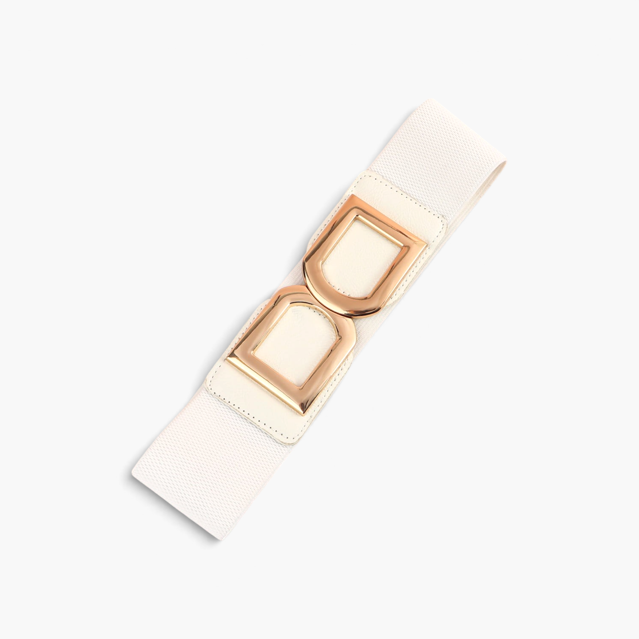 Beach Rose Co. wide cream stretch waist belt featuring a polished gold-tone double-D alloy buckle and PU front tabs.