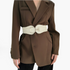 Beach Rose Co. wide cream stretch waist belt with a silver ring buckle worn over a brown blazer