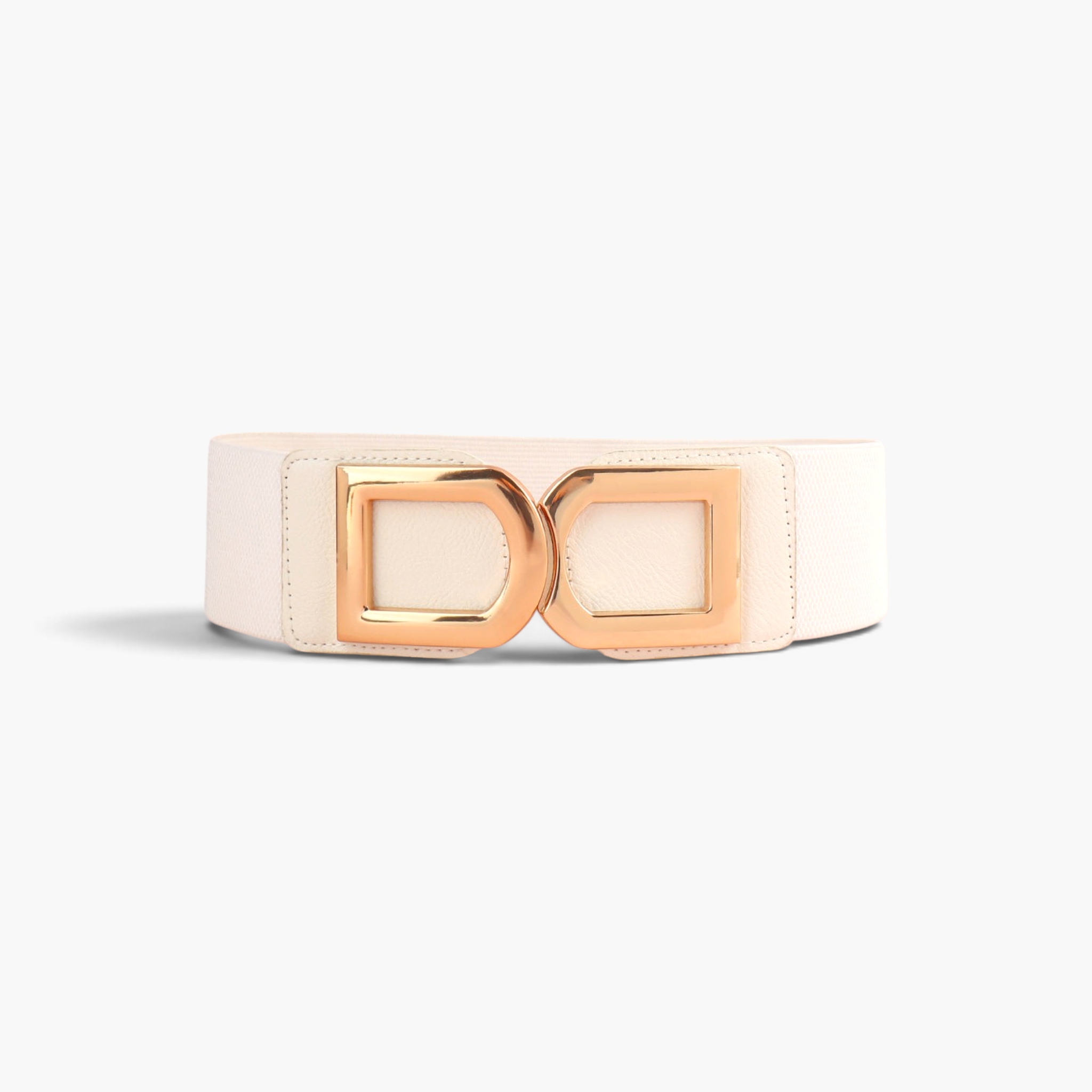 Beach Rose Co. wide cream stretch waist belt featuring a polished gold-tone double-D alloy buckle and PU front tabs.